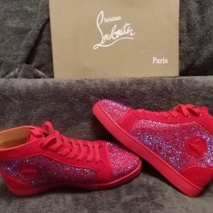 CHRISTIAN LOUBOUTIN P STRASS FLAT SUEDE RED HIGH SNEAKERS